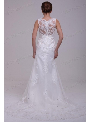 Column High Neck Appliques Lace Wedding Dress with Brush Train