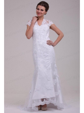 Column High Neck Appliques Open Back Lace Wedding Dress with Brush Train