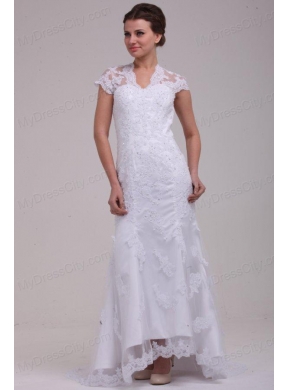 Column High Neck Appliques Open Back Lace Wedding Dress with Brush Train