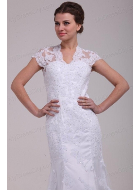 Column High Neck Appliques Open Back Lace Wedding Dress with Brush Train