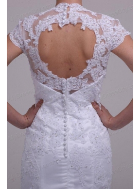 Column High Neck Appliques Open Back Lace Wedding Dress with Brush Train
