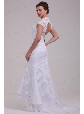 Column High Neck Appliques Open Back Lace Wedding Dress with Brush Train