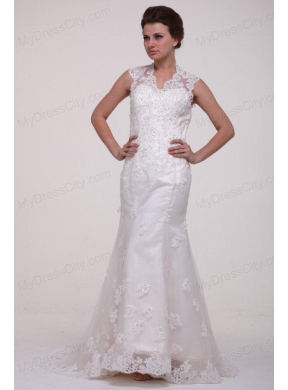 Column High Neck Brush Train Appliques Lace Wedding Dress