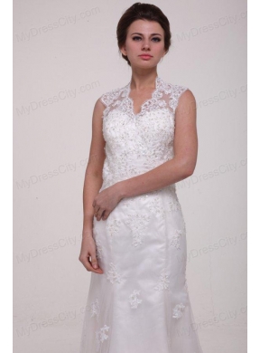 Column High Neck Brush Train Appliques Lace Wedding Dress