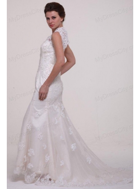 Column High Neck Brush Train Appliques Lace Wedding Dress