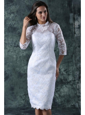 Column High Neck Lace Beach Wedding Dress with Knee-length