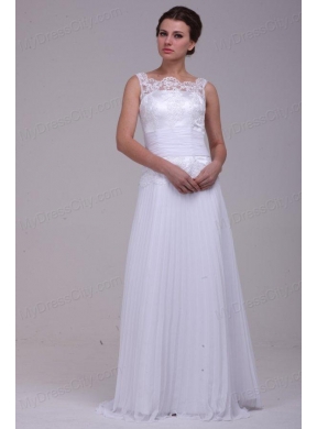 Column Scoop Brush Train Chiffon Wedding Dress with Lace