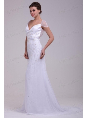 Column V-Neck Beading Brush Train Chiffon Wedding Dress