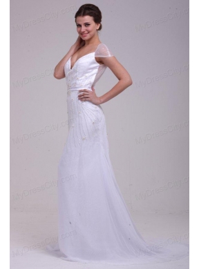 Column V-Neck Beading Brush Train Chiffon Wedding Dress