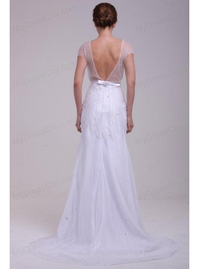 Column V-Neck Beading Brush Train Chiffon Wedding Dress