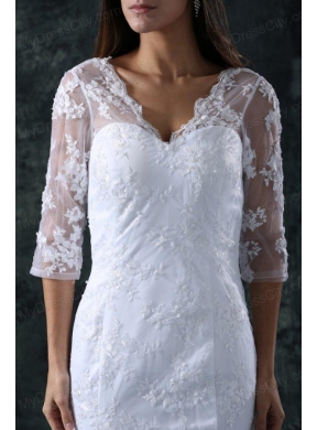 Column V-Neck Brush Train Appliques Lace Wedding Dress with Half Sleeves