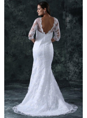 Column V-Neck Brush Train Appliques Lace Wedding Dress with Half Sleeves