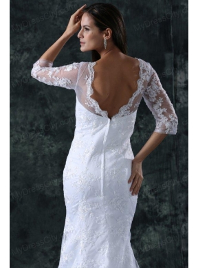 Column V-Neck Brush Train Appliques Lace Wedding Dress with Half Sleeves