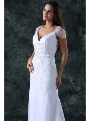 Column V-Neck Cap Sleeves Brush Train Zipper Up Chiffon Wedding Dress