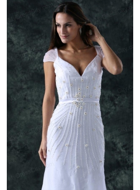 Column V-Neck Cap Sleeves Brush Train Zipper Up Chiffon Wedding Dress