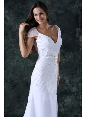 Column V-Neck Cap Sleeves Brush Train Zipper Up Chiffon Wedding Dress