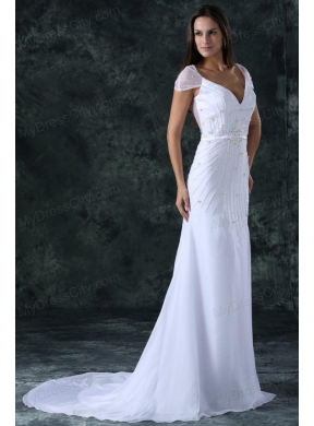 Column V-Neck Cap Sleeves Brush Train Zipper Up Chiffon Wedding Dress
