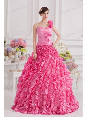 Hot Pink Ball Gown One Shoulder Taffeta Hand Made Flowers and Ruffles Quinceanera Dress