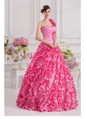 Hot Pink Ball Gown One Shoulder Taffeta Hand Made Flowers and Ruffles Quinceanera Dress