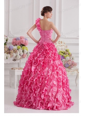 Hot Pink Ball Gown One Shoulder Taffeta Hand Made Flowers and Ruffles Quinceanera Dress