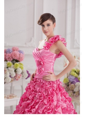 Hot Pink Ball Gown One Shoulder Taffeta Hand Made Flowers and Ruffles Quinceanera Dress