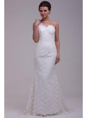 One Shoulder Column Lace Organza Brush Train Wedding Dress