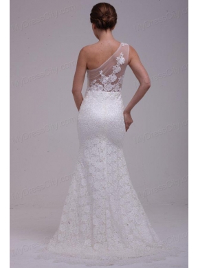 One Shoulder Column Lace Organza Brush Train Wedding Dress