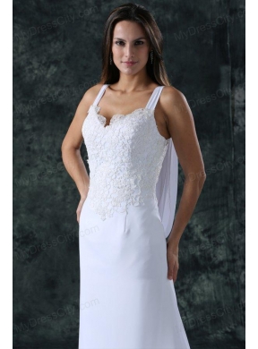Simple Column Straps Chiffon Brush Train Lace Zipper Up Wedding Dress