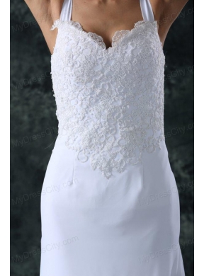 Simple Column Straps Chiffon Brush Train Lace Zipper Up Wedding Dress