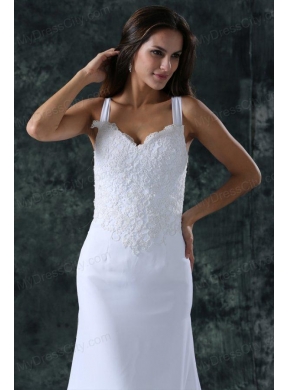 Simple Column Straps Chiffon Brush Train Lace Zipper Up Wedding Dress