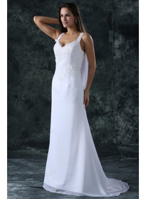 Simple Column Straps Chiffon Brush Train Lace Zipper Up Wedding Dress