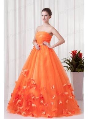 Strapless Orange Red A-line Quinceanera Dress with Hand Made Flowers