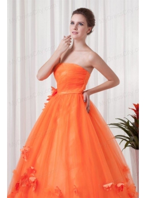 Strapless Orange Red A-line Quinceanera Dress with Hand Made Flowers