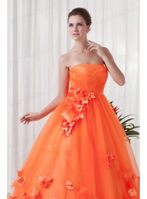 Strapless Orange Red A-line Quinceanera Dress with Hand Made Flowers