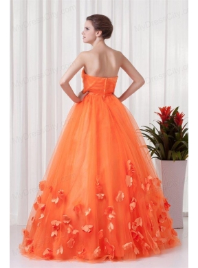 Strapless Orange Red A-line Quinceanera Dress with Hand Made Flowers