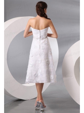 Sweetheart Hand Made Flowers and Beading Tea-length Wedding Dress
