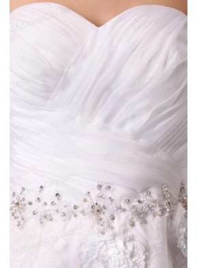 Sweetheart Hand Made Flowers and Beading Tea-length Wedding Dress