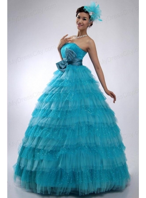 Teal Strapless Tulle and Sequins Long Quinceanera Dress with Bowknot