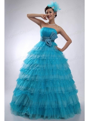 Teal Strapless Tulle and Sequins Long Quinceanera Dress with Bowknot