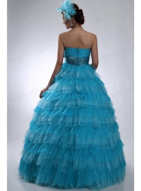 Teal Strapless Tulle and Sequins Long Quinceanera Dress with Bowknot