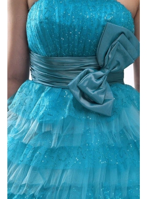 Teal Strapless Tulle and Sequins Long Quinceanera Dress with Bowknot