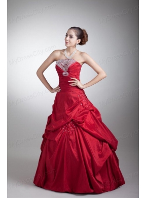 Wine Red A-line Strapless Taffeta Quinceanera Dress with Beading