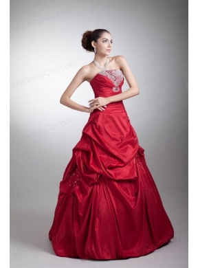 Wine Red A-line Strapless Taffeta Quinceanera Dress with Beading