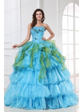 Appliques with Sequins Organza Long Quinceanera Dress in Aqua Blue