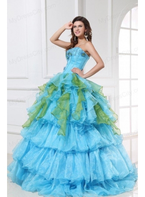 Appliques with Sequins Organza Long Quinceanera Dress in Aqua Blue