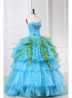 Appliques with Sequins Organza Long Quinceanera Dress in Aqua Blue