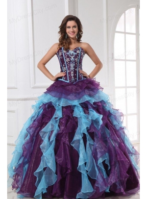 Aqua and Wine Red Strapless Beading and Ruche Quinceanera Dress