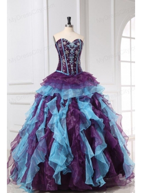 Aqua and Wine Red Strapless Beading and Ruche Quinceanera Dress