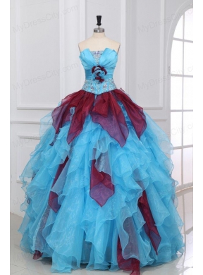 Aqua and Wine Red Strapless Beading and Ruche Quinceanera Dress