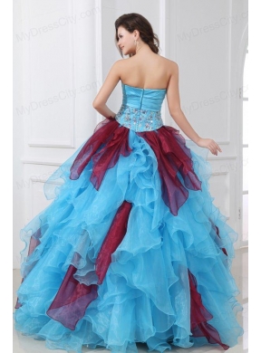 Aqua and Wine Red Strapless Beading and Ruche Quinceanera Dress